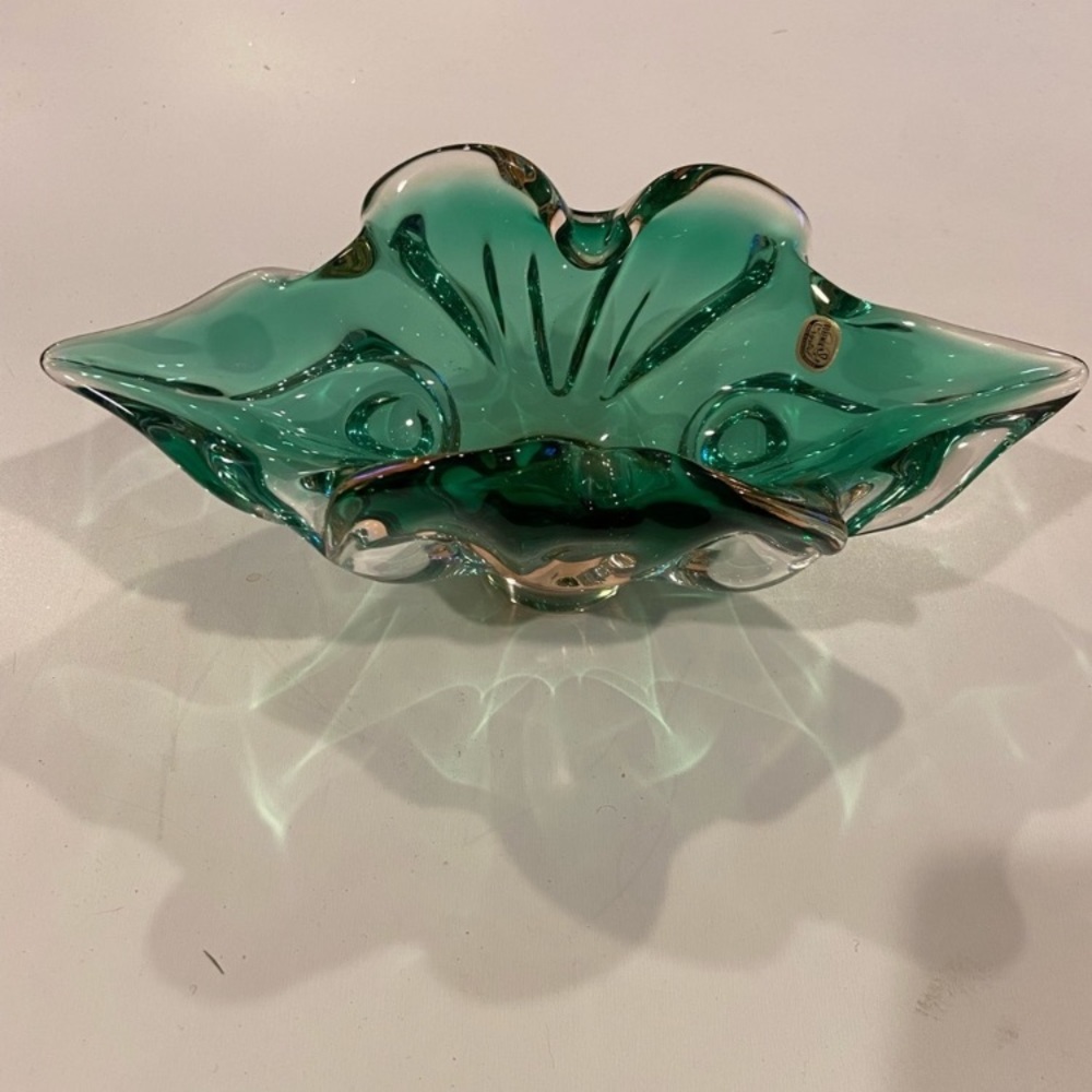 Vintage Bohemia Czech Glass Green Dish